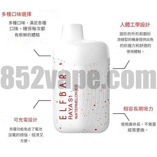 白色的 ELFBAR RAYA S1 15000 Puffs vape 螢幕上有紅色的斑點，周圍的中文文字強調其 650mAh 電池、3% 尼古丁、長效使用、可充電設計、符合人體工學的外型以及 16 種口味的選擇。. 電子煙 vape