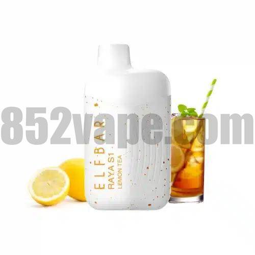 圖中白色背景是一杯冰檸檬茶和檸檬片，旁邊是一個白色的 ELFBAR RAYA S1 15000 Puffs 一次性電子煙 (650mAh, 3%, 16種口味)。圖片上有 "852vape.com "水印。. 電子煙 vape