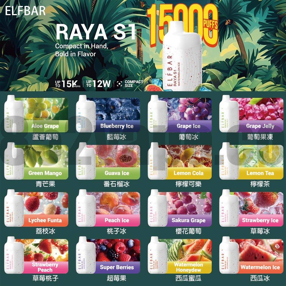 ELFBAR RAYA S1 15000 Puffs (限時優惠：買5送1，買10送3) 的宣傳圖片展示了 16 種口味，如 Aloe Grape、Blueberry Ice、Grape Ice、Guava Ice、Lemon Tea、Lychee Funta、Peach Ice、Sakura Grape 等。650mAh | 3%。. 電子煙 vape
