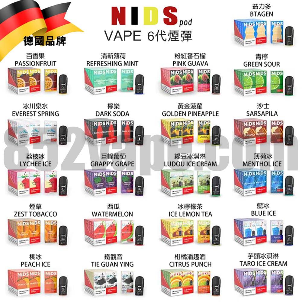 20 個 NIDS PODS 6 代煙彈 (RELX悅刻4/5代通用|3%) 盒一字排開，展示了百香果、西瓜、金鳳梨、荔枝冰、桃子冰、藍冰和清新薄荷等口味。每個盒子旁都有一個 vape pod。. 電子煙 vape