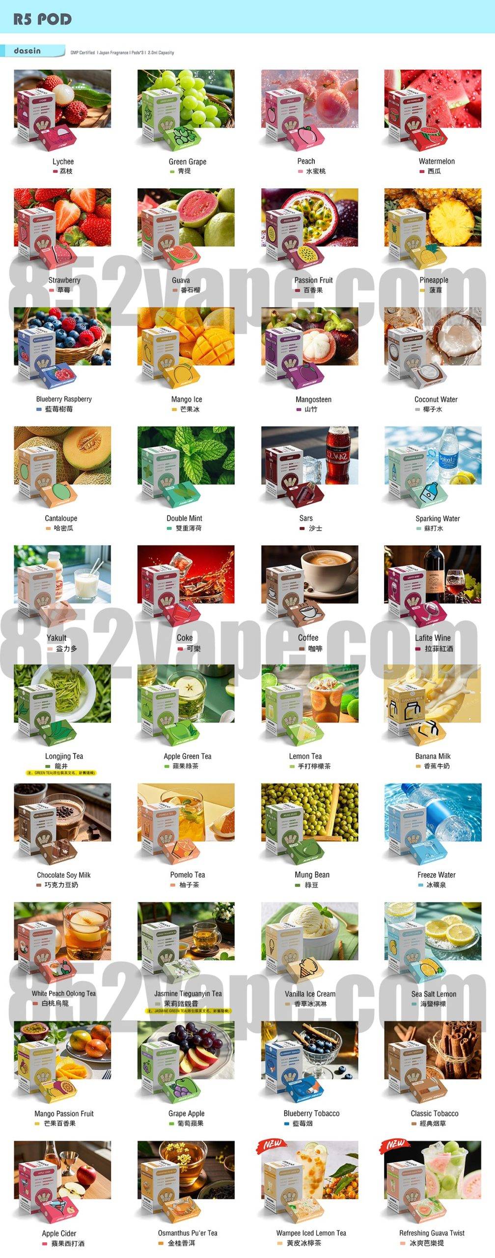 48 種 DASEIN R5 PODS (限時優惠：買10送1/20送3/50送8) vape口味，每種口味都有一張象徵（水果、飲料、甜點、煙草或冰塊）的圖片，每張圖片下都標有名稱。. 電子煙 vape